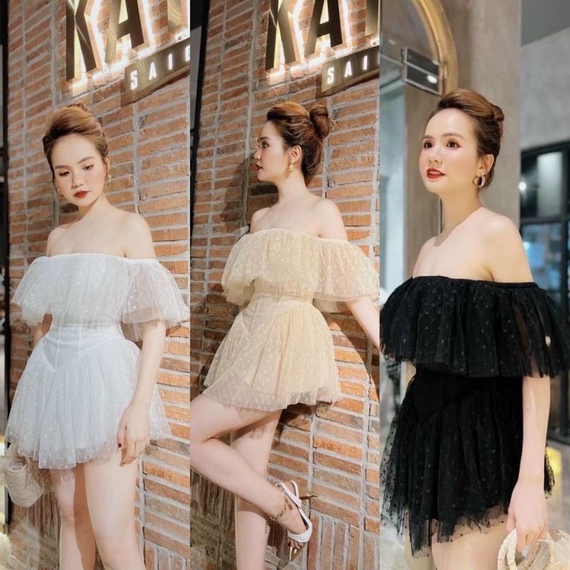 Jump bi lưới ngắn xoè bẹt vai bèo Đen Trắng Nude đi chơi dạo phố dự tiệc sang trọng dễ thương hotgirl tk du lịch đi cafe | BigBuy360 - bigbuy360.vn