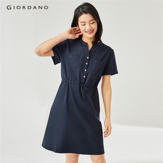 Đầm GIORDANO 05462307 cổ chữ V nút cài một nửa thắt dây eo cotton có túi mặc thoải mái cho nữ