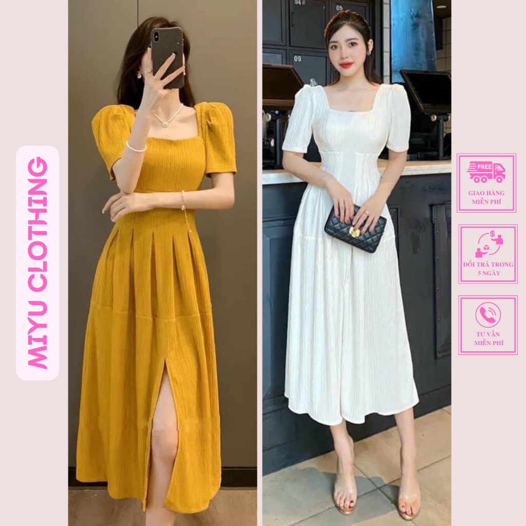 Váy trắng cổ vuông dự tiệc đầm vàng xanh tiểu thư dáng dài xẻ tà siêu xinh nhẹ nhàng nữ tính Miyu Clothing