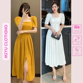 Váy dự tiệc cưới sang trọng đầm trắng cổ vuông dáng dài xẻ tà siêu xinh nhẹ nhàng nữ tính MiyuClothing