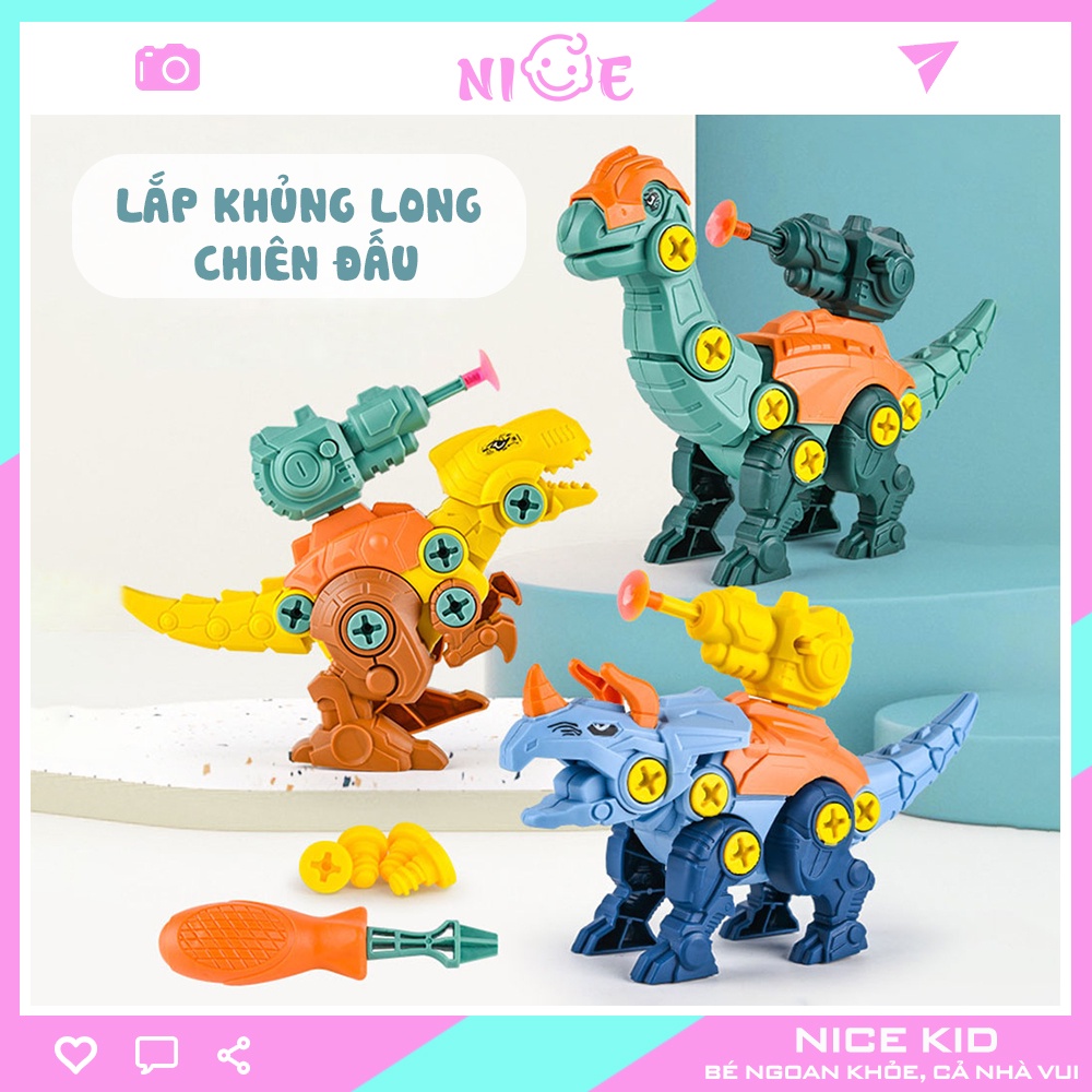 Lắp ráp đồ chơi khủng long chiến đấu NICE KID size lớn với 3 loài có súng trên lưng cho bé