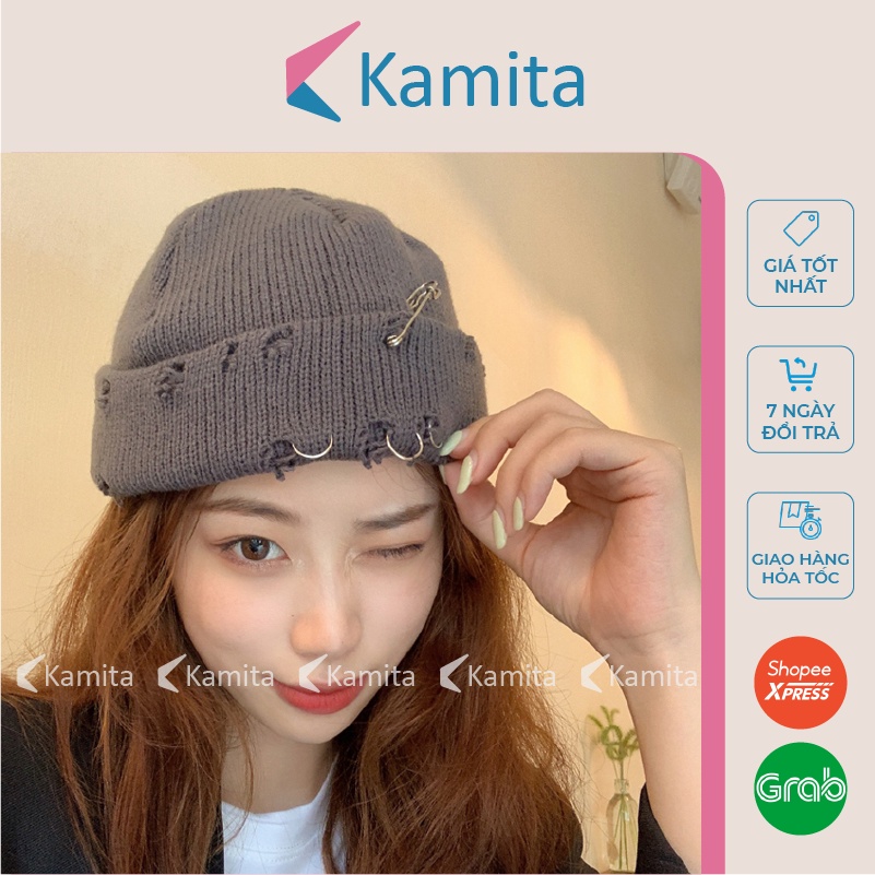 Mũ Len Beanie Rách Đính Khuyên KAMITA Phong Cách Hàn Quốc, Nón Len Ngắn Rách Đẹp Mùa Đông Hip Hop Unisex Nam Nữ ML24
