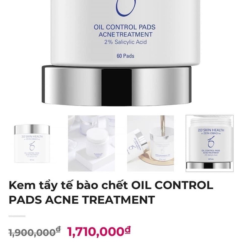 Miếng pad tẩy tế bào chết Zo Ob//agi Oil Control Pads Acne Treatment