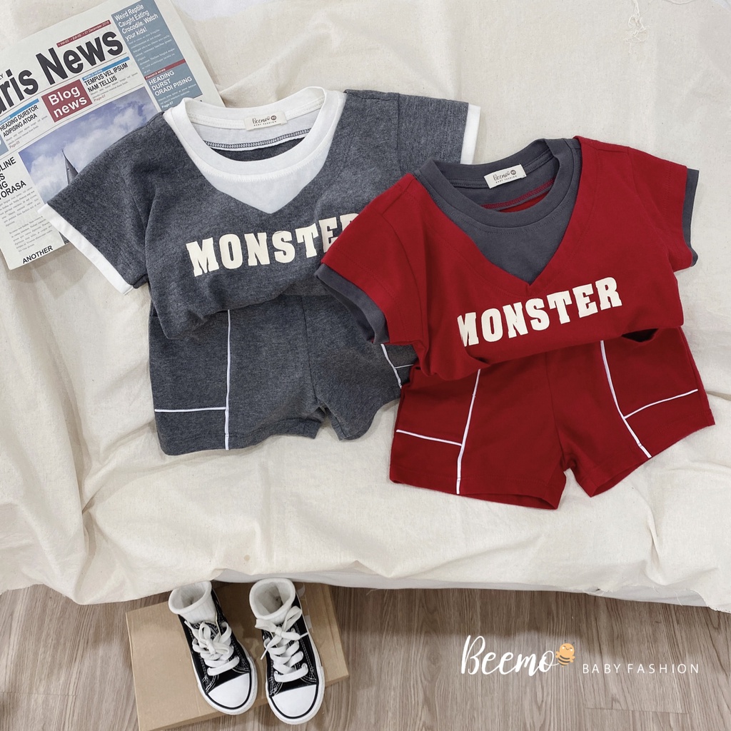 Bộ cotton cộc tay Beemo phối cổ in chữ monster cho bé trai