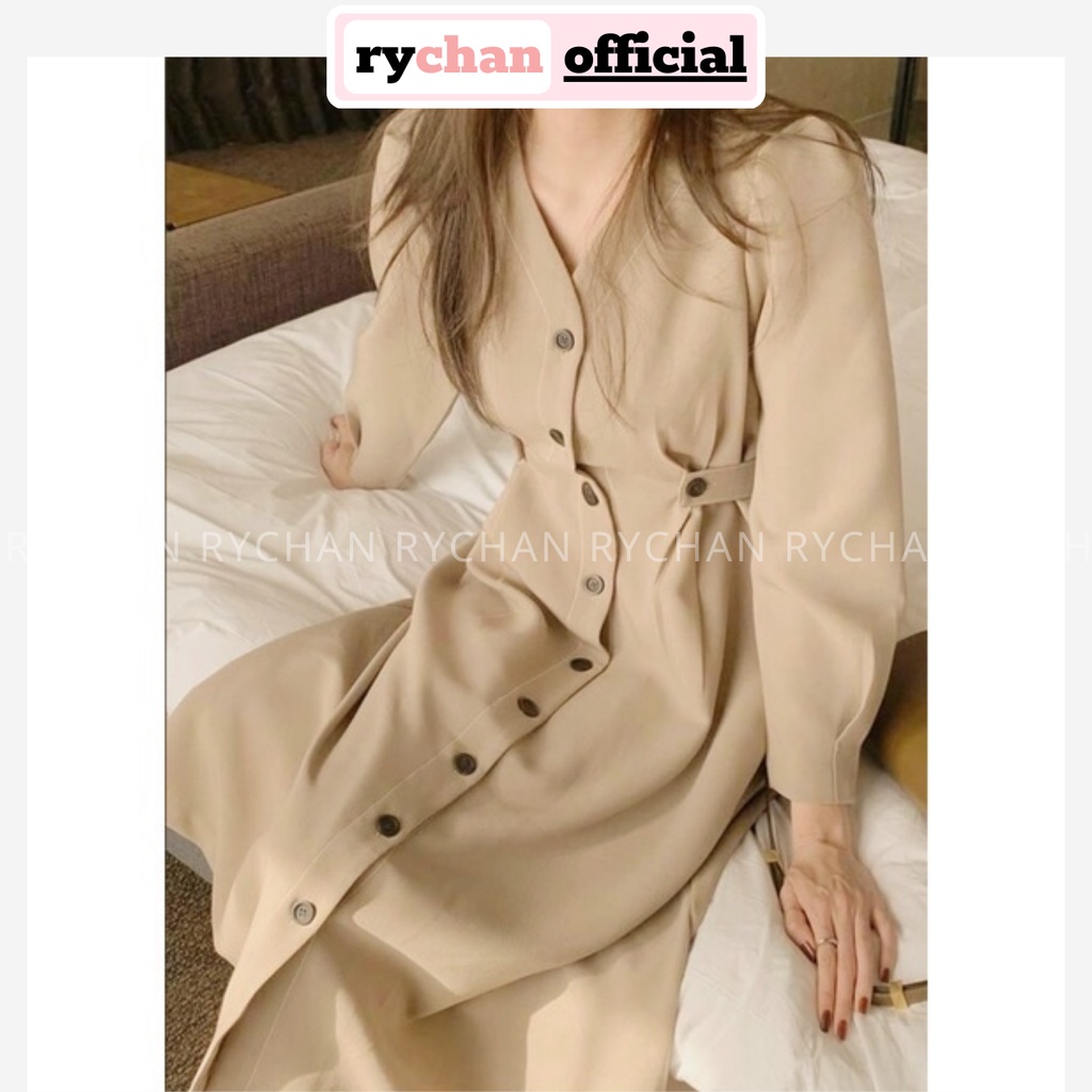 Đầm Nữ Hàn Quốc Công Sở Chiết Eo Cổ V Nút Đen Thanh Lịch, Váy Nữ Dạo Phố Tay Lửng Basic Thục Nữ Màu Kem - DX301