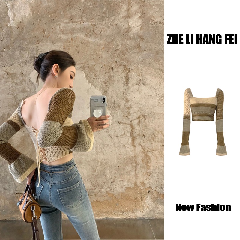 Áo dệt kim ZHELIHANGFEI tay dài cổ vuông hở lưng quyến rũ phong cách thời trang Pháp