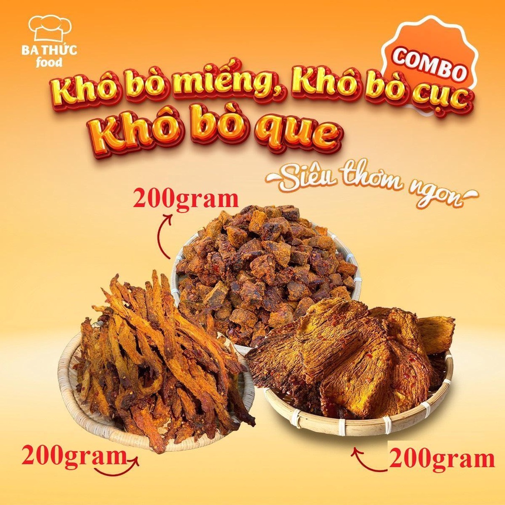 COMBO 3 loại Khô Bò Miếng To 200G, Khô Bò Cục 200G, Bò Que 200G