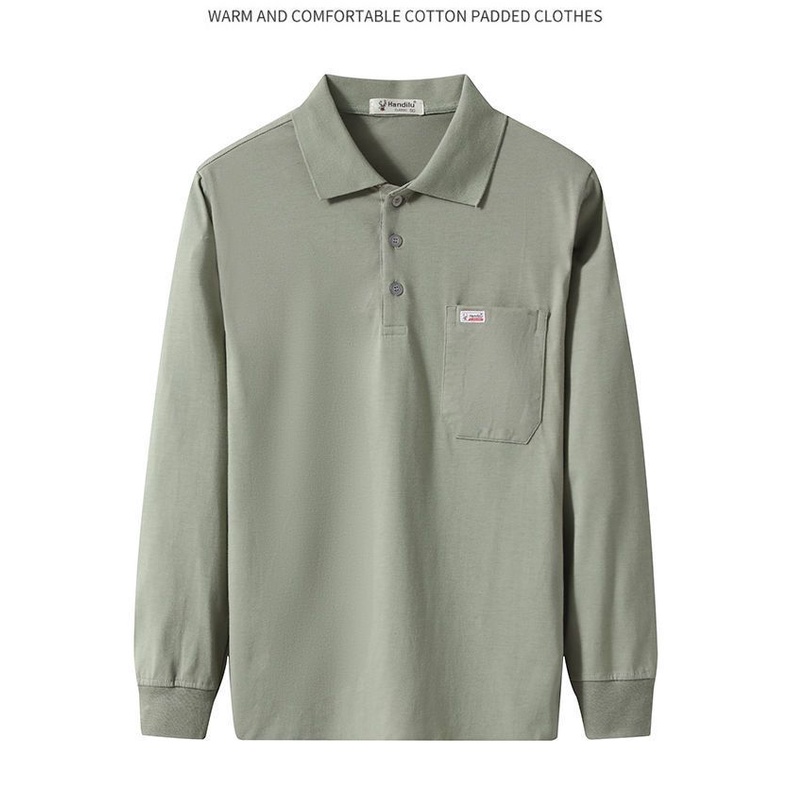Áo Thun POLO Cotton Tay Dài Màu Trơn Có Túi Đơn Giản Thời Trang Xuân Thu Mới Dành Cho Nam Trung Niên