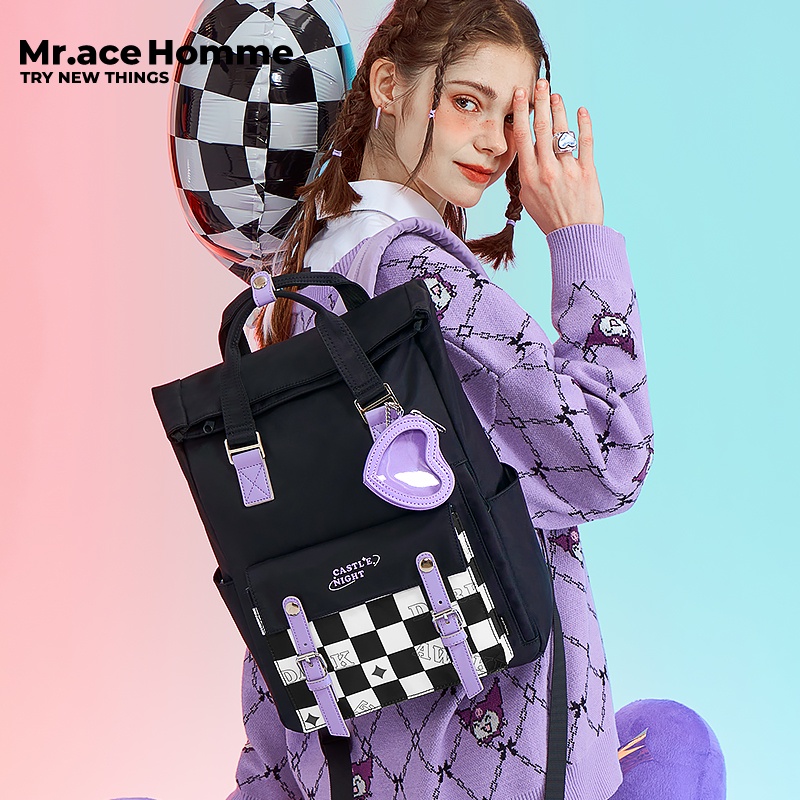 Mr. ace Homme Schoolbag Balo Đi Học Du Lịch Đựng Máy Tính Họa Tiết Kẻ Ô Mặt Trăng Ngôi Sao Cho Nam Và Nữ Sinh Đại Học
