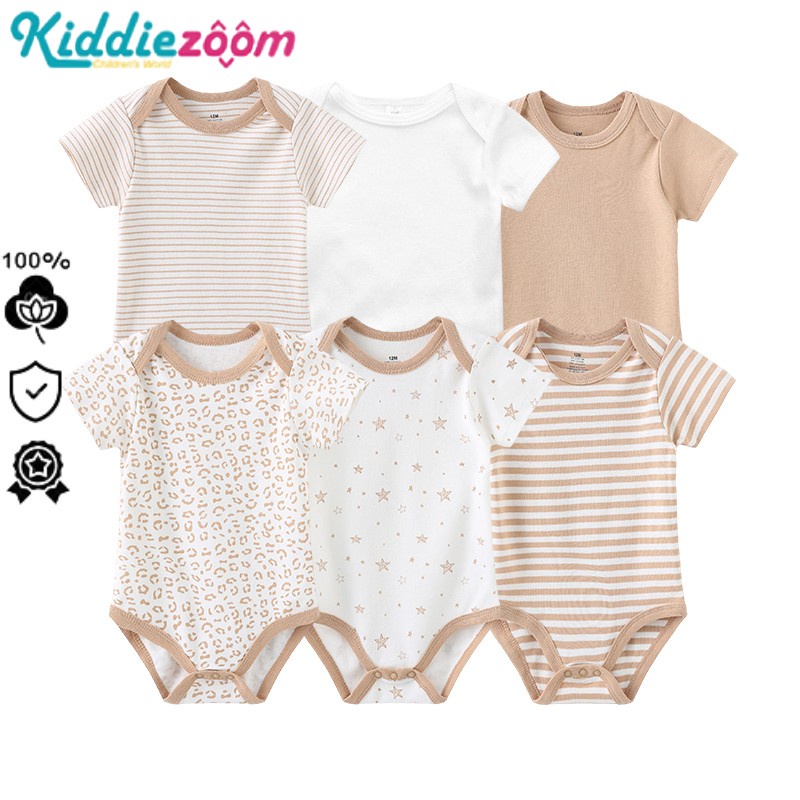 Set 6 Áo Liền Quần Bằng Cotton Tay Ngắn Màu Trơn In Họa Tiết Hoạt Hình Thời Trang 2023 Dành Cho Bé Sơ Sinh