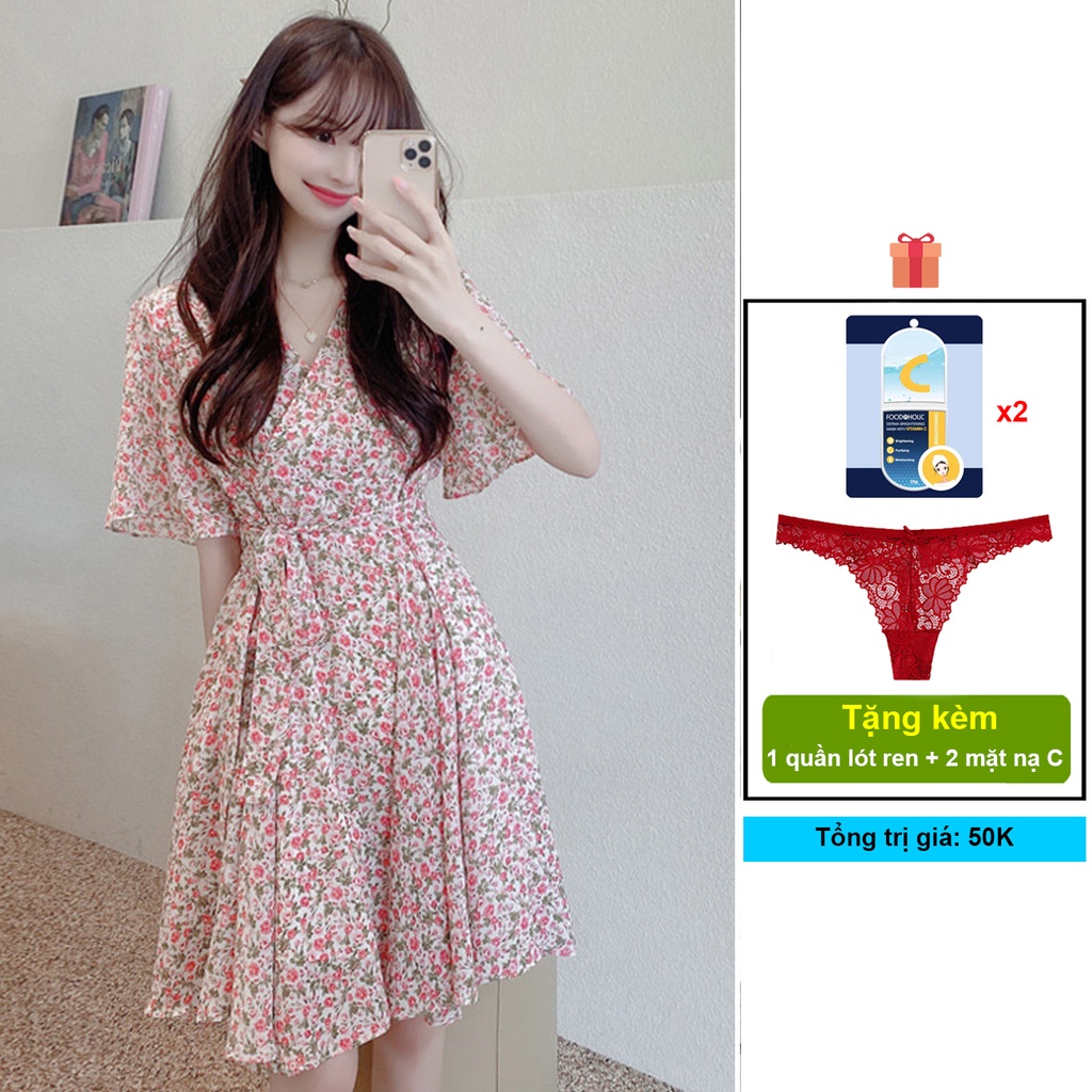 Váy đầm voan hoa văn kiểu Hàn Quốc dáng xòe vintage dự tiệc, dạo phố