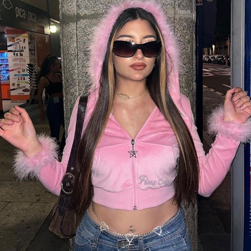 Xiangbao Áo Khoác Hoodie Mùa Thu Tay Dài Có Khóa Kéo Phối Lông Giả Đính Đá Giả Và Đá Giả Trang Trí Harajuku Cho Nữ