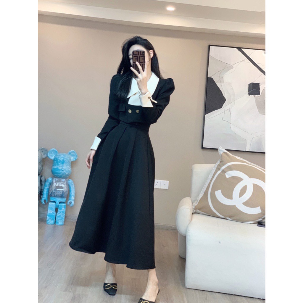 Set Áo Khoác Croptop Mix Chân Váy Dài Cạp Cao Dáng Xòe Chất Umi-Hannie Store