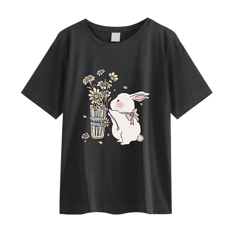 ihkke Áo Thun Đen Tay Ngắn In Hình Thỏ Và Hoa Cúc Phong Cách Hàn Quốc Thời Trang Cho Cặp Đôi