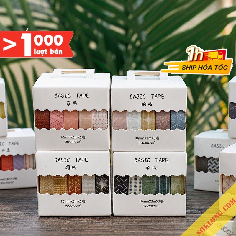 Set 5 Washi tape băng dính nhiều màu trang trí đa năng [SOKLONG], sổ bullet journal