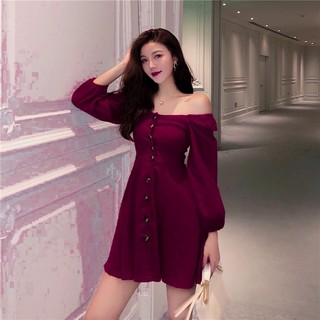 (Thanh Lý) Đầm xòe bệt vai nút baby doll tay dài phồng (ảnh tự chụp, new 100%)