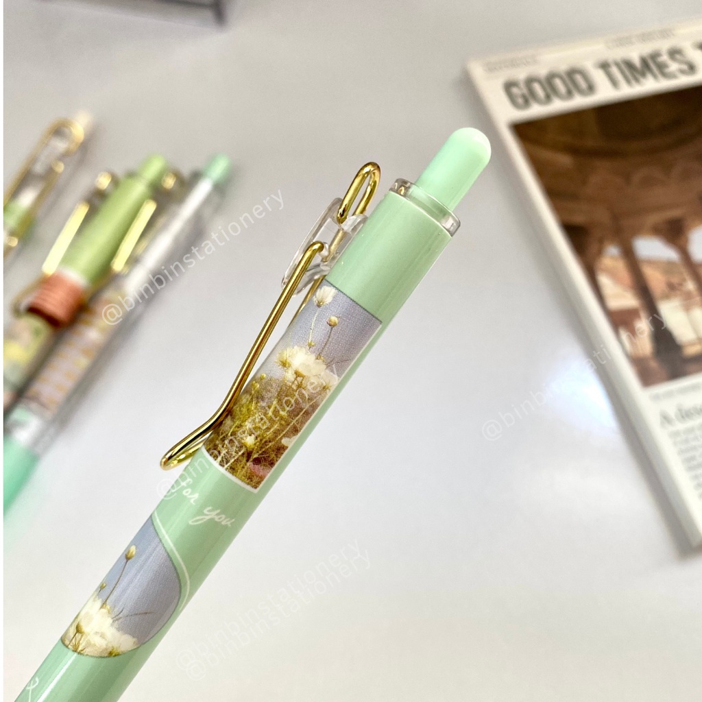 Bút bấm MURA Green Garden phong cách hoa mùa xuân, mắc cài ánh kim, mực đen, ngòi 0.5mm BMR-8161