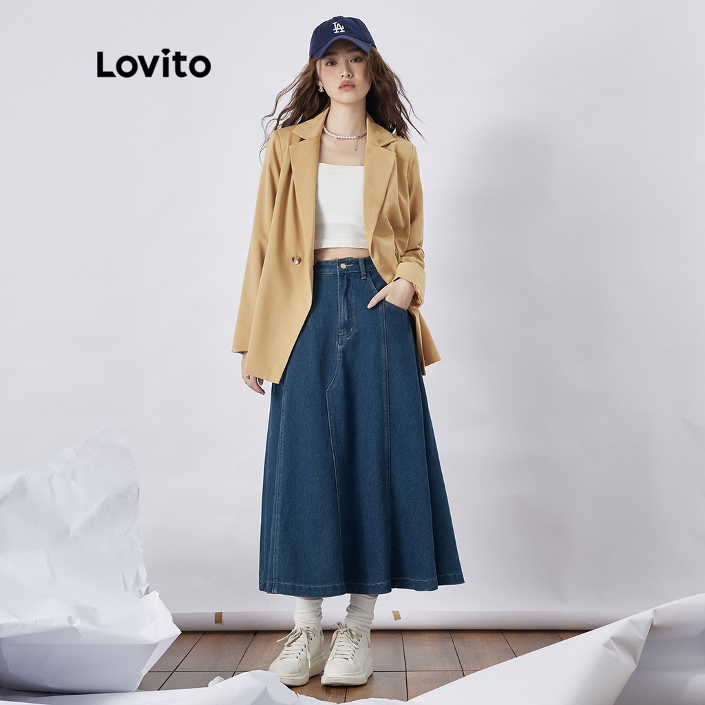 Lovito Váy Denim nữ thường bỏ túi cơ bản L37AD066 (Xanh lam) | BigBuy360 - bigbuy360.vn