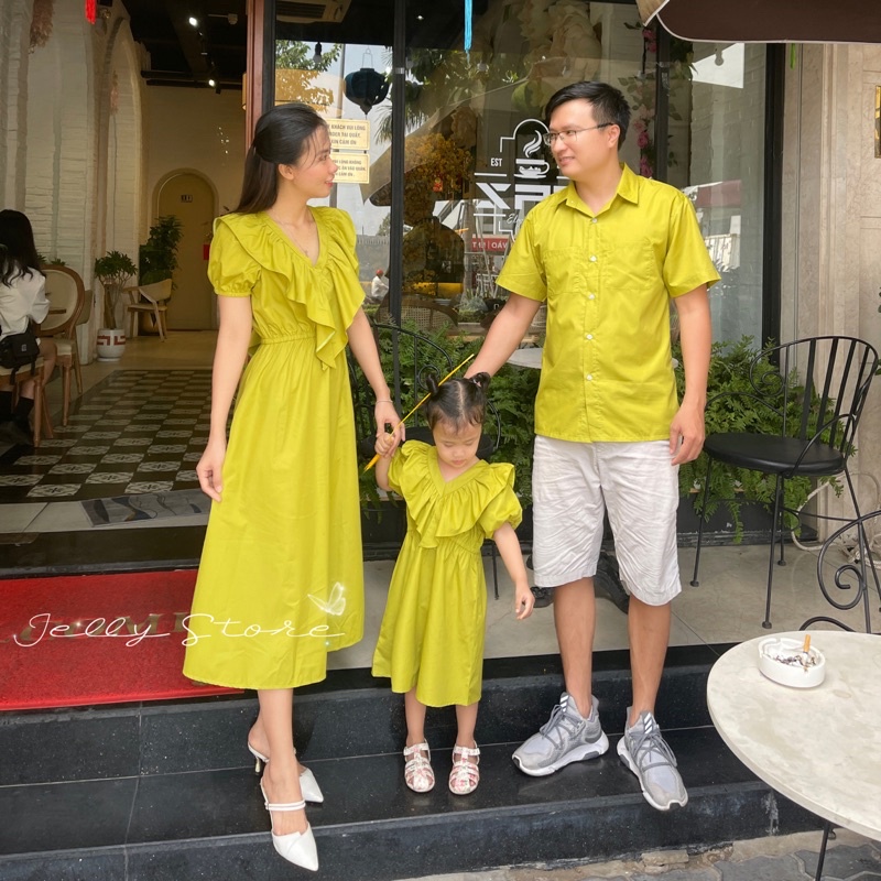 Set Gia Đình cổ bèo xanh bơ, thắt nơ sau, chun eo xinh xắn, kèm ảnh thật