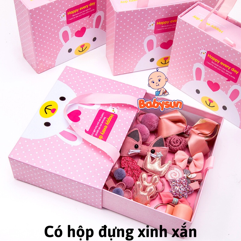 Bộ cặp tóc set nơ 18 chi tiết cho bé gái có hộp đựng làm quà siêu xinh- set phụ kiện kẹp tóc