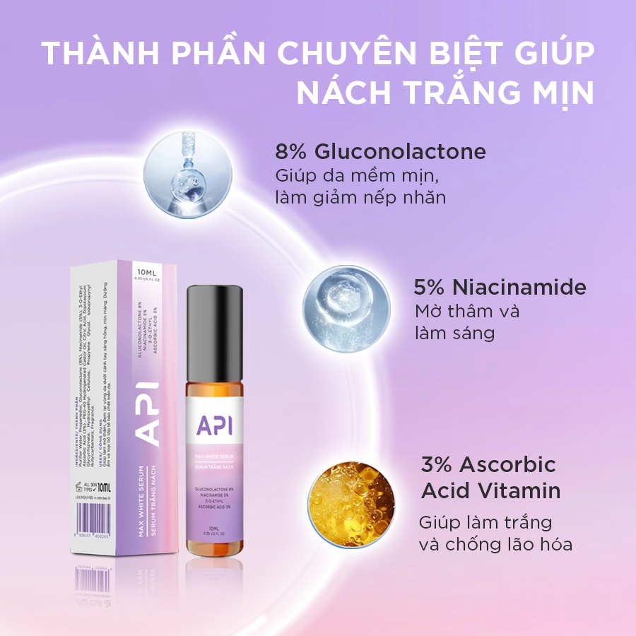 Serum giảm mờ thâm nách API 10ml dạng lăn dưỡng trắng cấp ẩm làm mềm da nách giúp giảm thâm nách hiệu quả shop hazuka