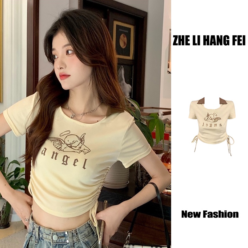 Áo Thun Ngắn Tay Lưng Cao In Họa Tiết Hoạt Hình Đơn Giản Thời Trang