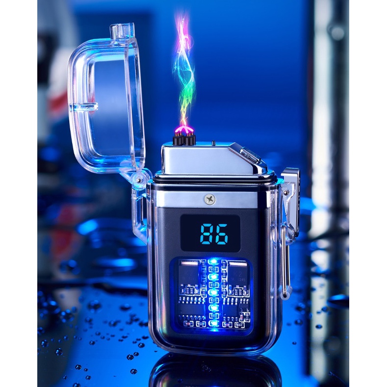 Quẹt Điện Plasma Chống Nước Chống Gió Vỏ Trong Suốt Có màn hình hiển thị pin