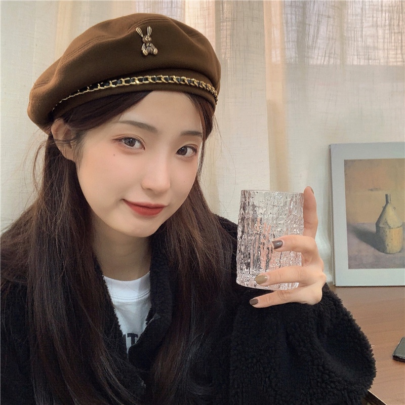 Mũ nồi, mũ beret nữ phối dây xích hình thỏ Soyabym cao cấp phong cách Hàn Quốc dễ thương