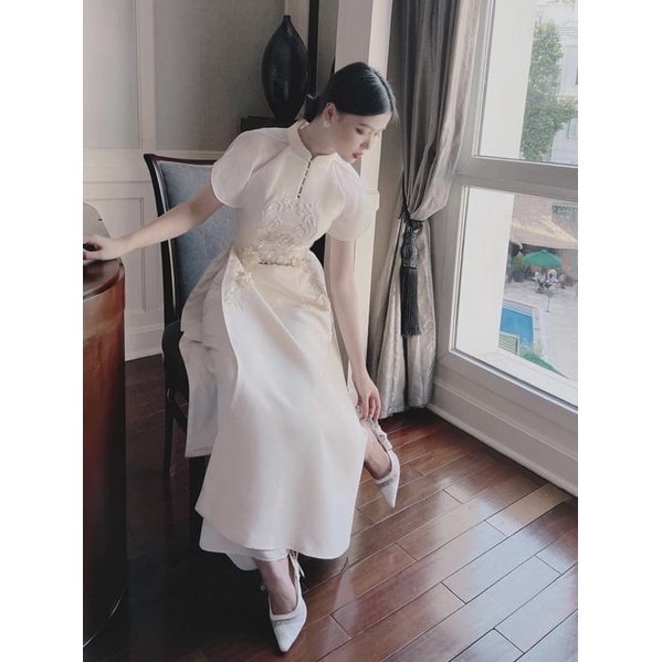 Áo Dài Cách Tân LAROSE ,Áo Dài Đính Kết Tiểu Thư Sang Chảnh Kèm Quần Lụa Cao Cấp