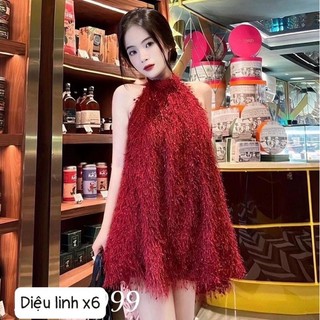Đầm lông cổ yếm thắt nơ hở lưng
