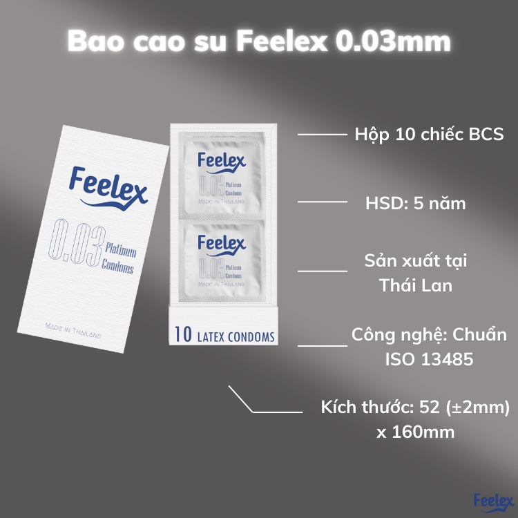 Bao cao su Feelex 0.03mm siêu mỏng, nhiều gel bôi trơn hương vani, sản xuất tại Thái Lan hộp 10 bcs