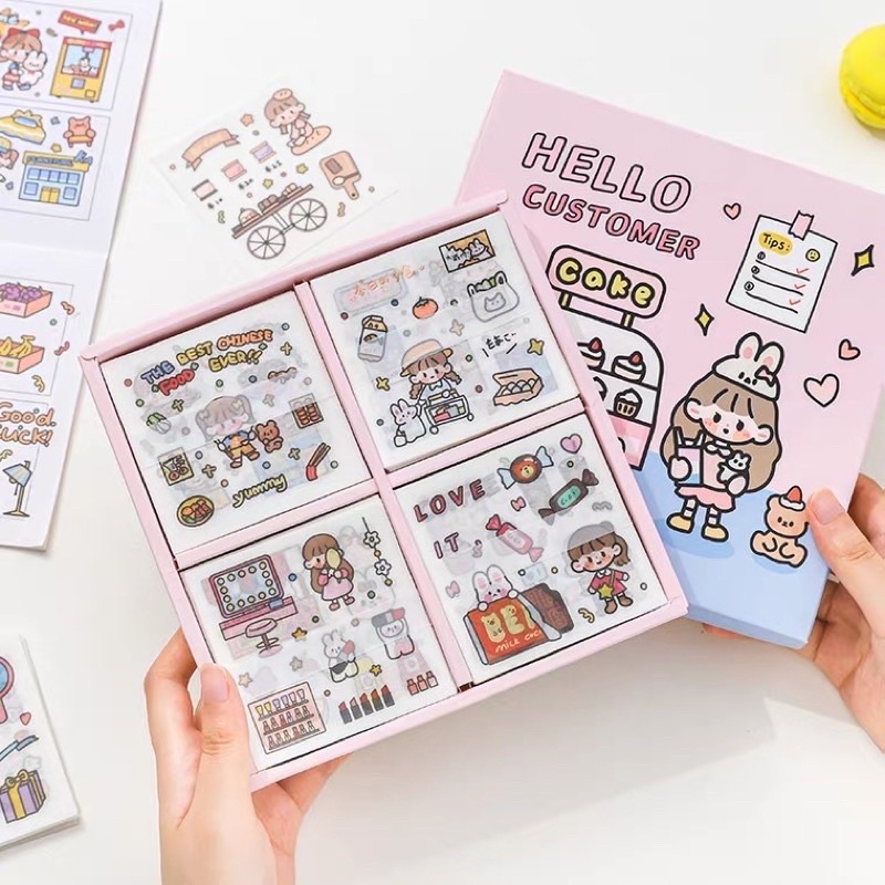 Sticker hộp 100 tấm cute Hello Customer - Tặng Hình Xăm Dán