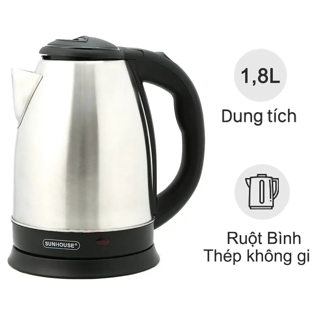 Ấm Siêu Tốc Sunhouse Cao Cấp - Ấm Đun Nước Inox 1.8L An Toàn Tiết Kiệm Điện Bảo Hành 12 Tháng