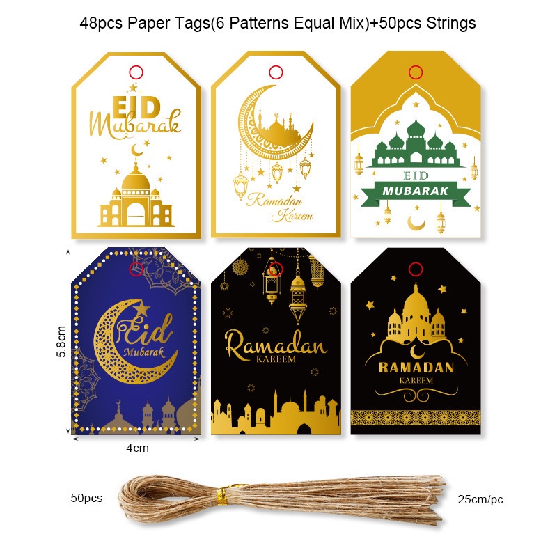 Set 48 Thẻ Giấy Treo Hộp Món Tráng Miệng Kèm Dây Thừng In Họa Tiết Eid al Fitr DIY Trang Trí Lễ Hội