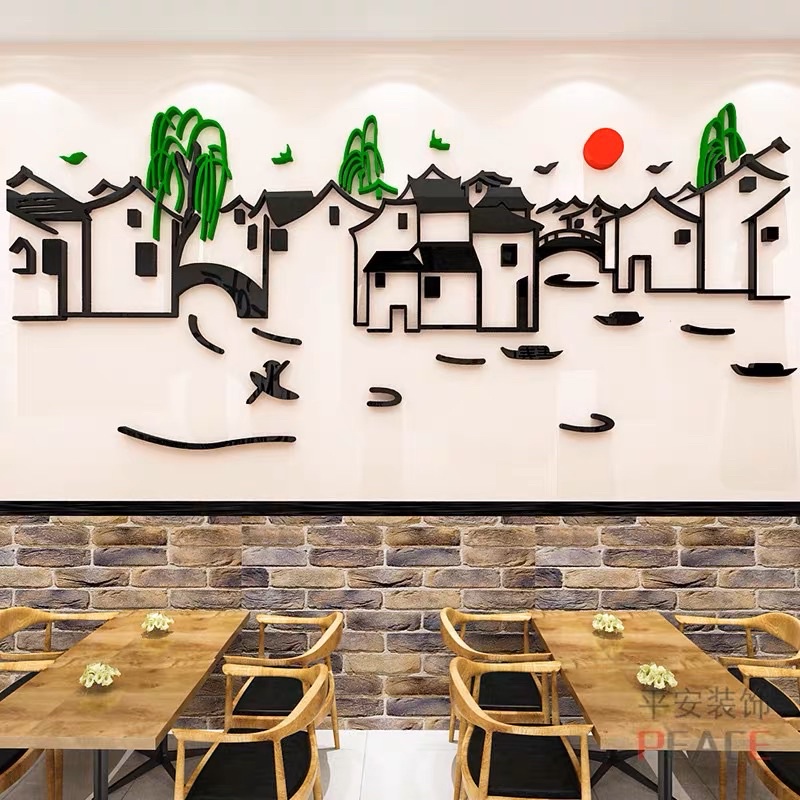 Tranh dán tường mica dán nổi làng cổ, đồng quê trang trí phòng trà, khách, nhà hàng, quán ăn, cafe, trà sữa