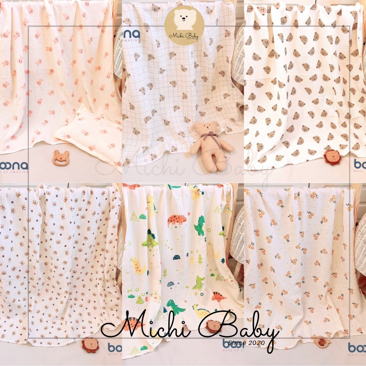 Khăn Tắm 2 Lớp Muslin An Toàn Cho Bé Sơ Sinh Boona Họa Tiết Đáng Yêu Cho Bé Kích Thước Siêu To 90x90cm Michi Baby MC023