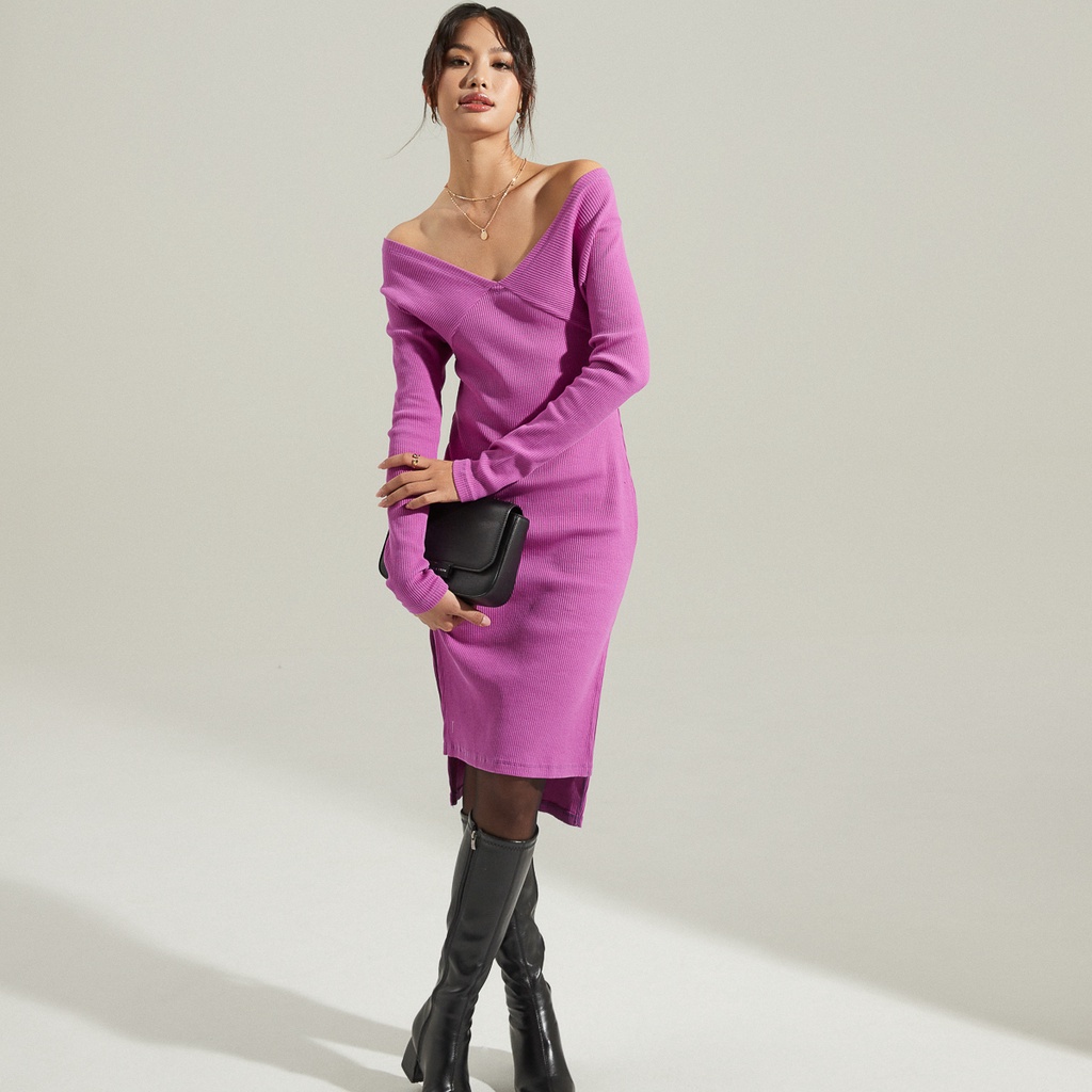 Đầm MAYBI ôm thun gân cổ thuyền (Không kèm belt)