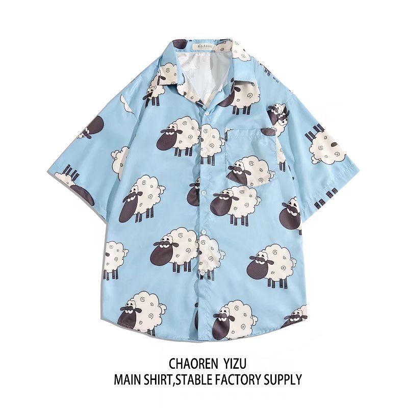 Áo Sơ Mi Tay Ngắn Dáng Rộng In Họa Tiết Cừu Hoạt Hình Phong Cách Hawaii Thời Trang Mùa Hè Hàn Quốc 2022 Cho Nam