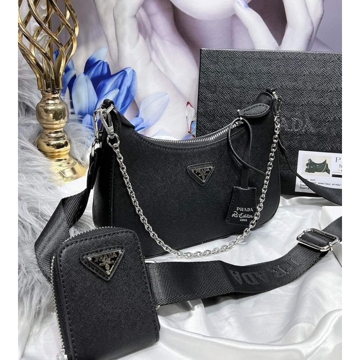 Set túi kẹp nách #prada da xước kèm ví có hộp