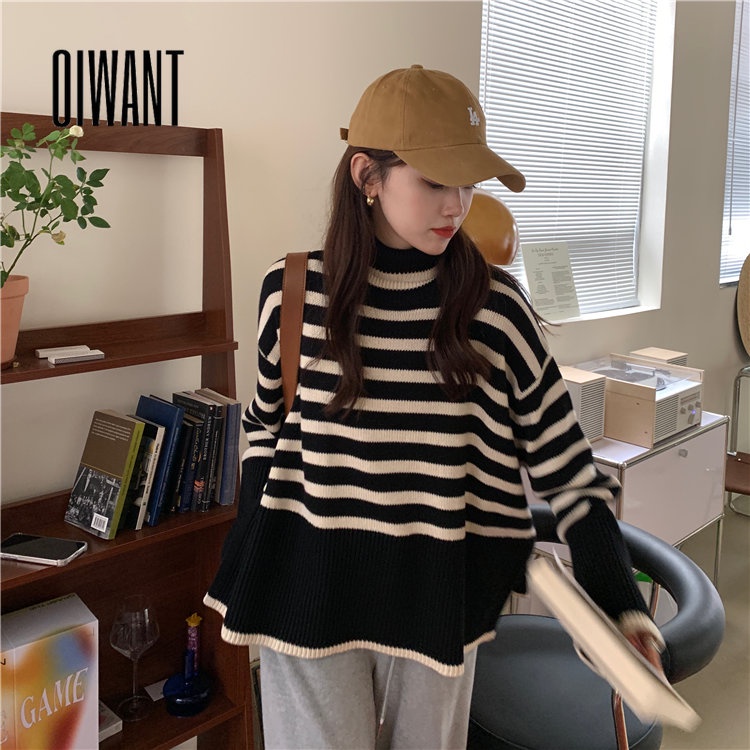 Áo Sweater Dệt Kim Tay Dài Dáng Ôm In Họa Tiết Kẻ Sọc Thời Trang 2023 Cho Nữ
