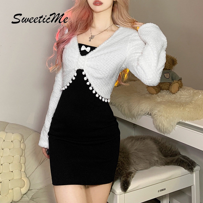 Đầm Dệt Kim Tay Dài Cổ Chữ V Dáng Ôm Thời Trang Mới 2023 Dành Cho Bạn Nữ