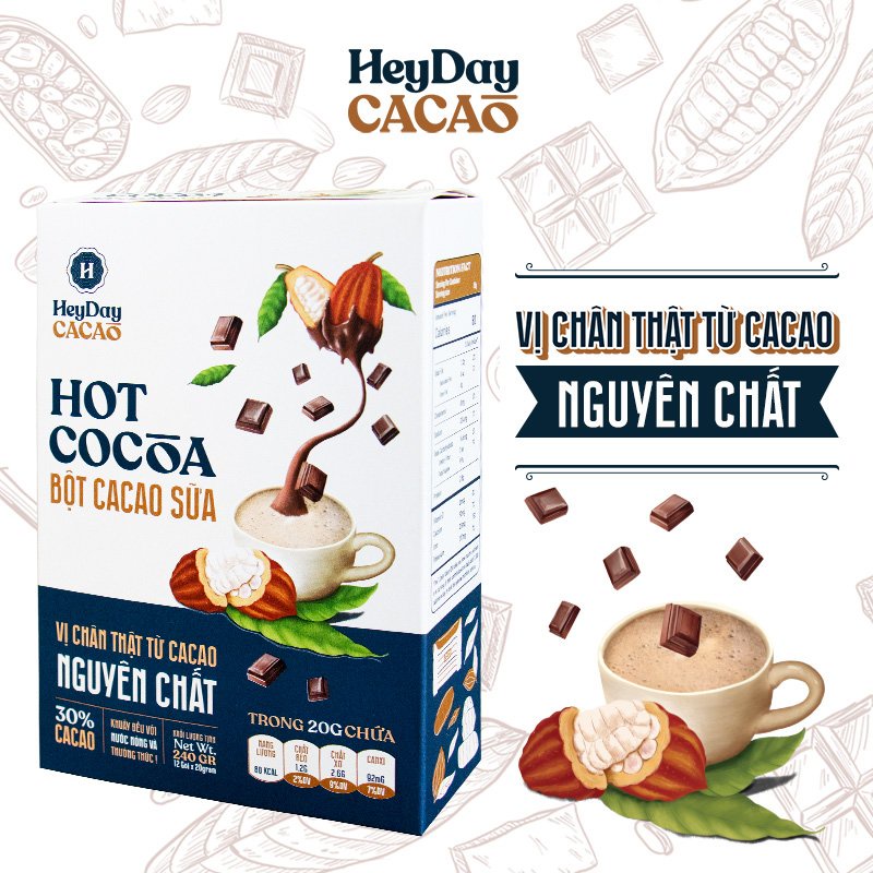 Bột Cacao Sữa Heyday - Hộp 12 gói x 20g - Đậm vị cacao thượng hạng và sữa tách béo tốt cho sức khoẻ