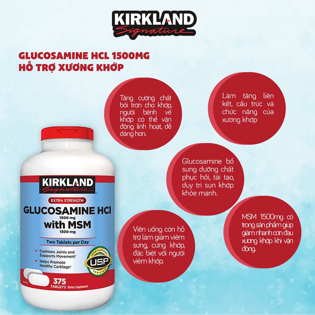 Glucosamine HCL bổ xương khớp Kirkland Glucosamine 1500mg With MSM 1500mg 375 Viên của Mỹ