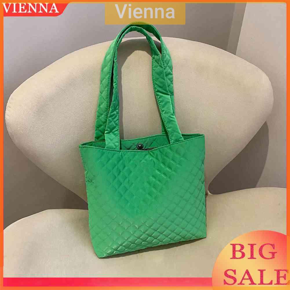 Túi Tote Nylon Đeo Vai Sức Chứa Lớn Họa Tiết Lưới Hình Thoi Màu Xanh Lá Cây Cho Nữ