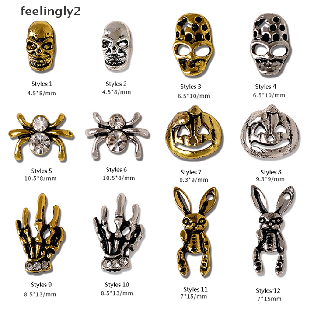 [Hàng Có Sẵn] Set 10 Đinh Tán Kim Loại Mạ Vàng / Bạc Đính Móng Tay Phong Cách Punk Halloween Ch (F)