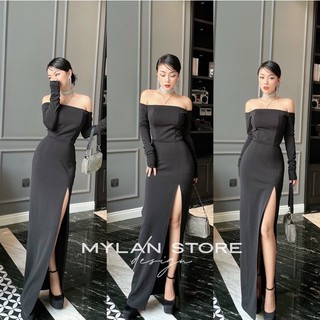 ĐẦM THIẾT KẾ MYLAN STORE DỰ TIỆC MÀU ĐEN TRỄ VAI DÁNG BODY CHẤT UMI NHẬP CAO CẤP