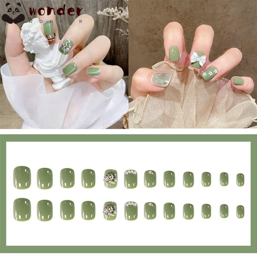 Bộ 24 Móng Tay Giả Ngắn Che Phủ Toàn Diện Màu Xanh Lá Đính Đá Almond