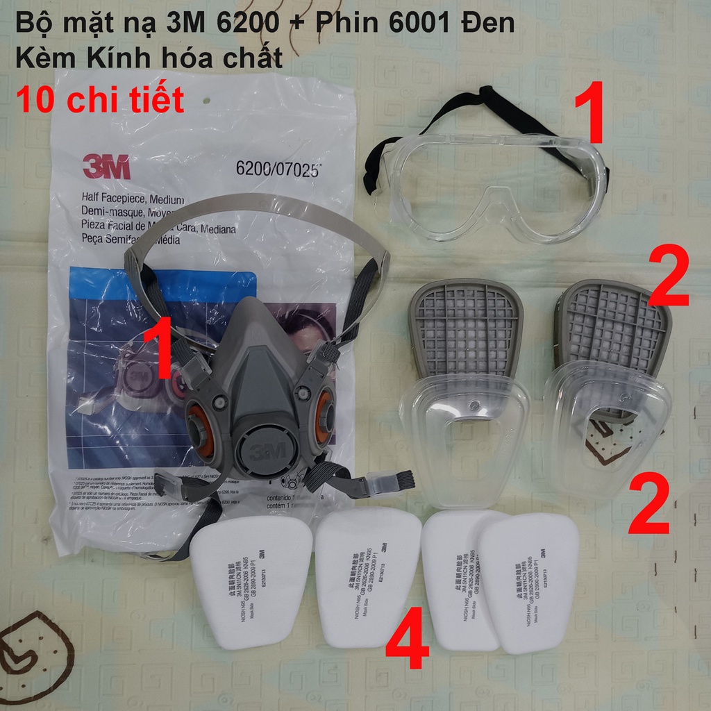 bộ 10 chi tiết khẩu trang phòng độc 3M 6200 kèm phin 6001, Mặt nạ chống độc, bụi mịn phun thuốc sâu, phun sơn hoá chất