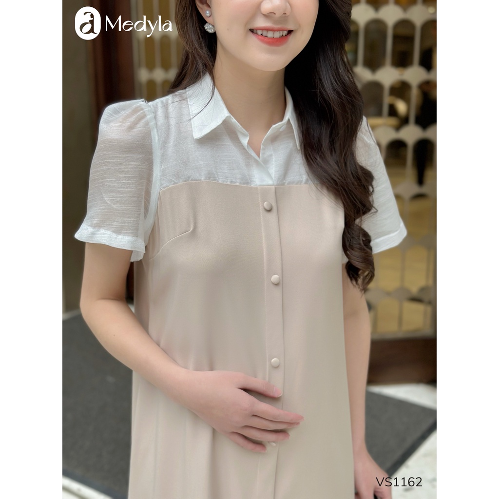 MEDYLA - Váy bầu mùa hè gấm trắng thiết kế sang trọng cho bầu đi chơi, đi tiệc cực sang - VS1162