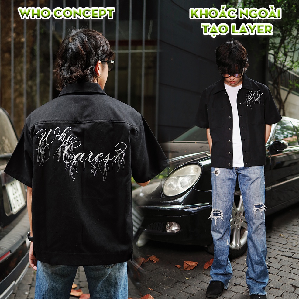 Áo sơ mi tay ngắn WHO CONCEPT, sơ mi boxy màu đen, nút kim loại